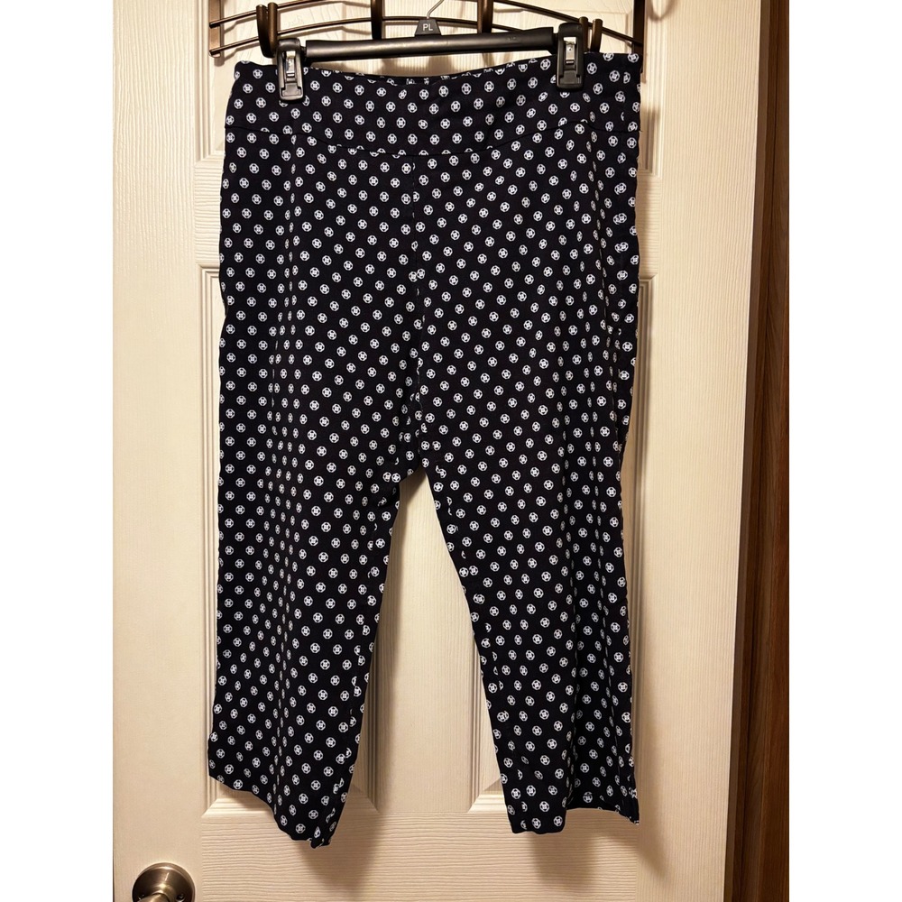 New Directions Navy Blue White Geometric Medallion Pull On Capri Pants Womens 16